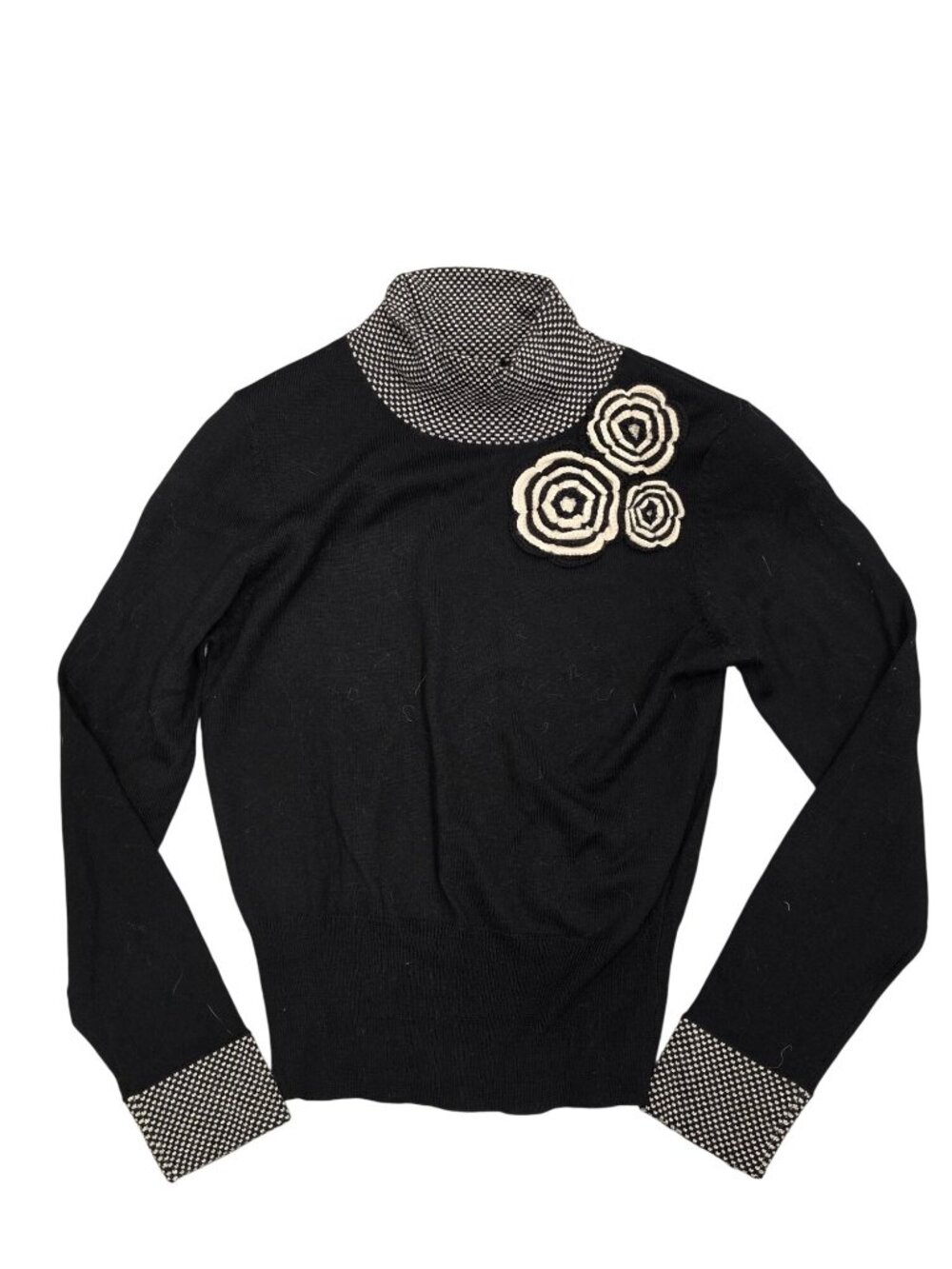 Carlisle Black Merino Wool Sweater With Patterned Turtleneck & Cuffs small